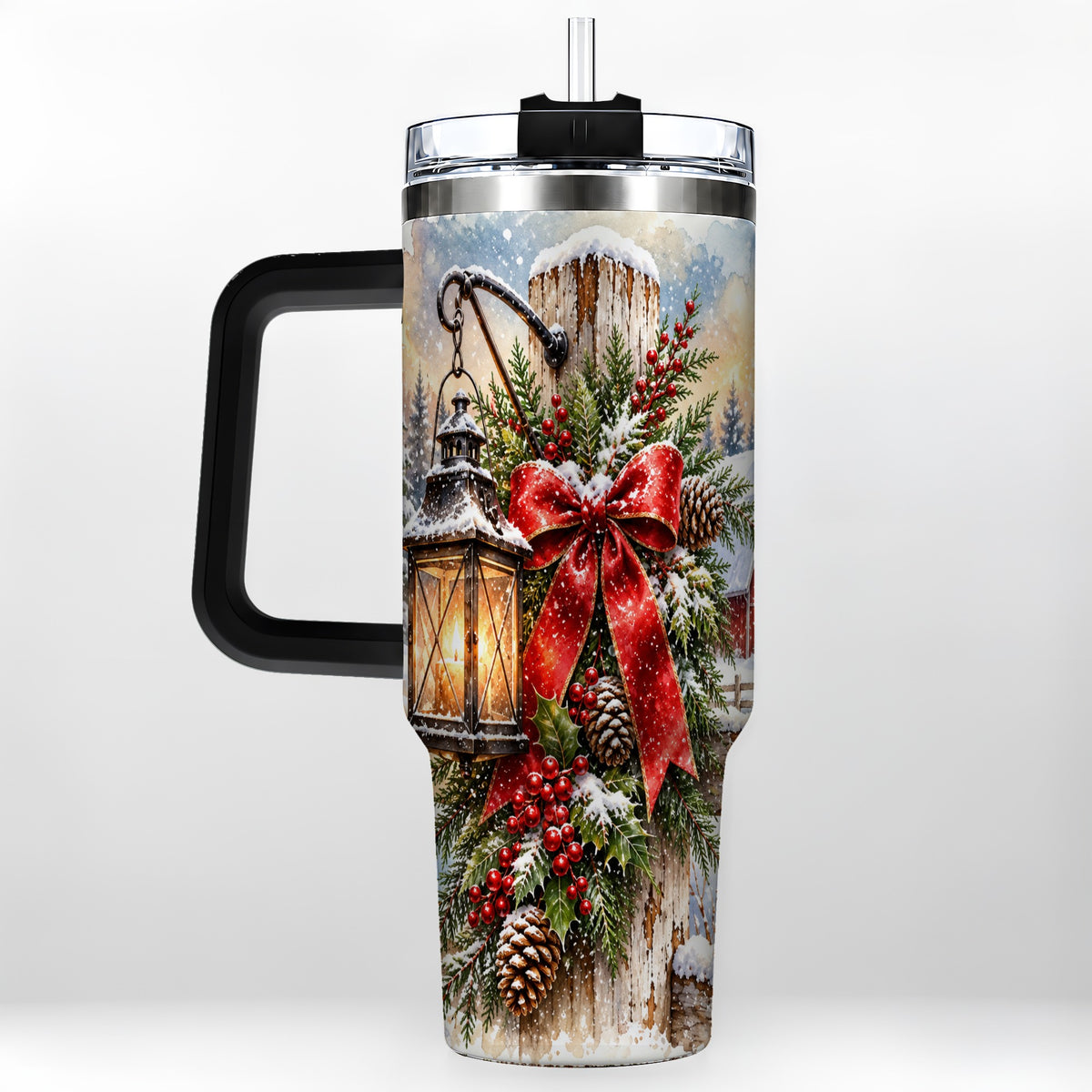 #pl[40oz|Black] Christmas Lantern 40oz Tumbler with Handle, Winter Steel Travel Cup
