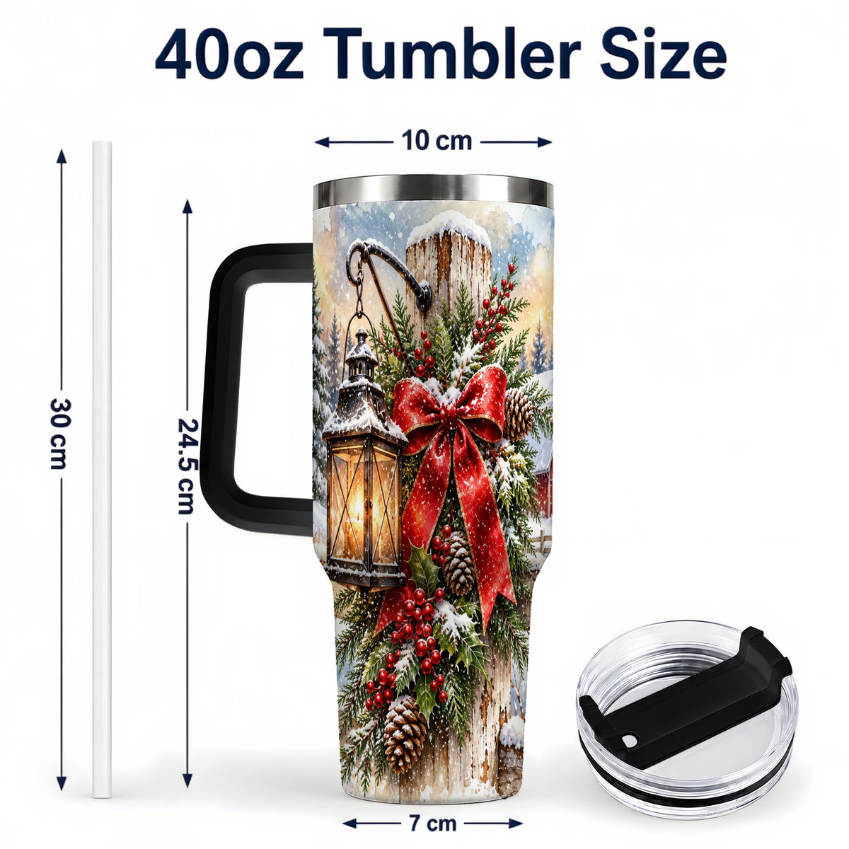 #pl[40oz|Black] Christmas Lantern 40oz Tumbler with Handle, Winter Steel Travel Cup