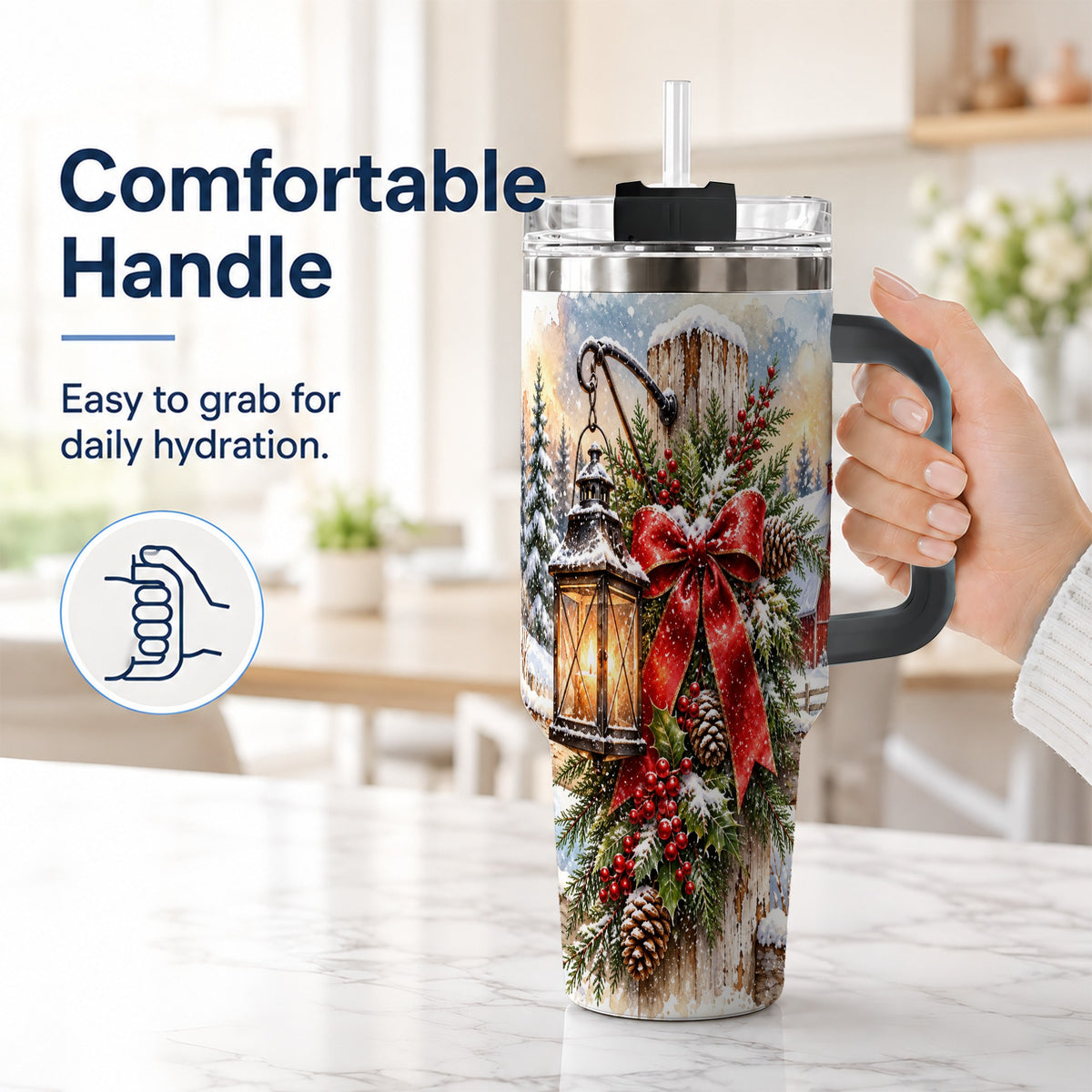 #pl[40oz|Black] Christmas Lantern 40oz Tumbler with Handle, Winter Steel Travel Cup