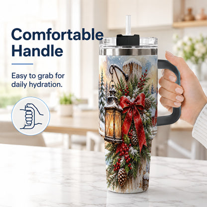 #pl[40oz|Black] Christmas Lantern 40oz Tumbler with Handle, Winter Steel Travel Cup
