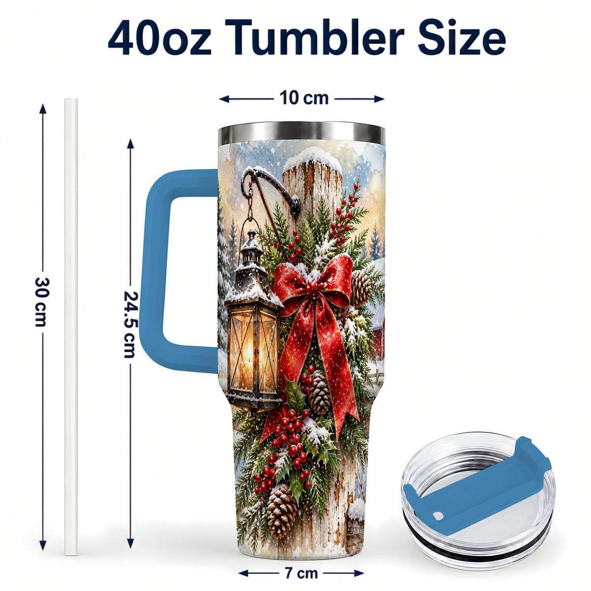 #pl[40oz|Blue] Christmas Lantern 40oz Tumbler with Handle, Winter Steel Travel Cup