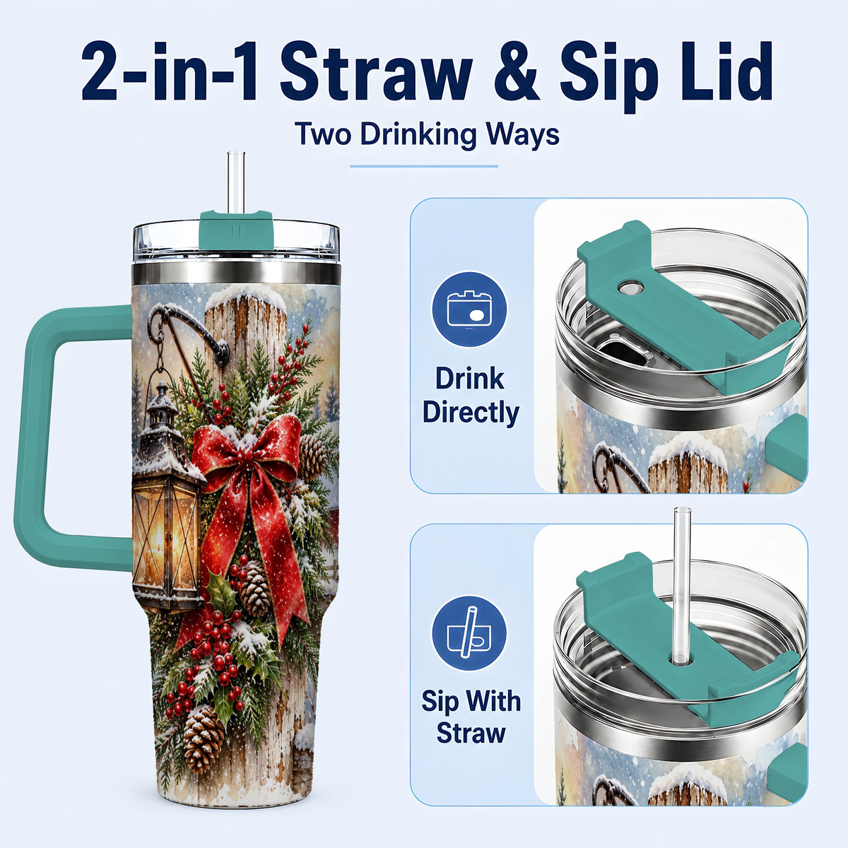#pl[40oz|Green] Christmas Lantern 40oz Tumbler with Handle, Winter Steel Travel Cup
