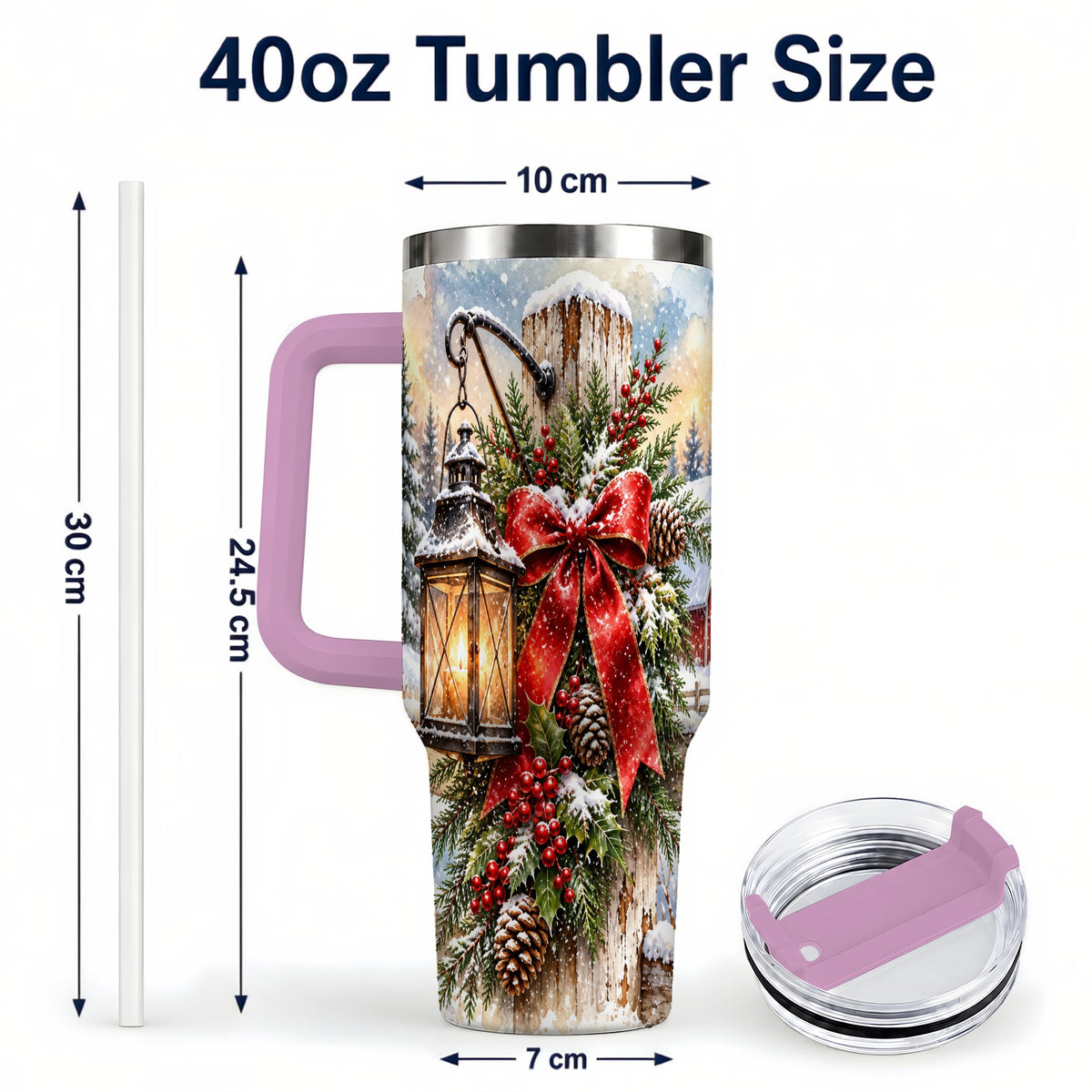 #pl[40oz|Pink] Christmas Lantern 40oz Tumbler with Handle, Winter Steel Travel Cup