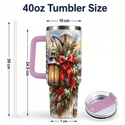 #pl[40oz|Pink] Christmas Lantern 40oz Tumbler with Handle, Winter Steel Travel Cup