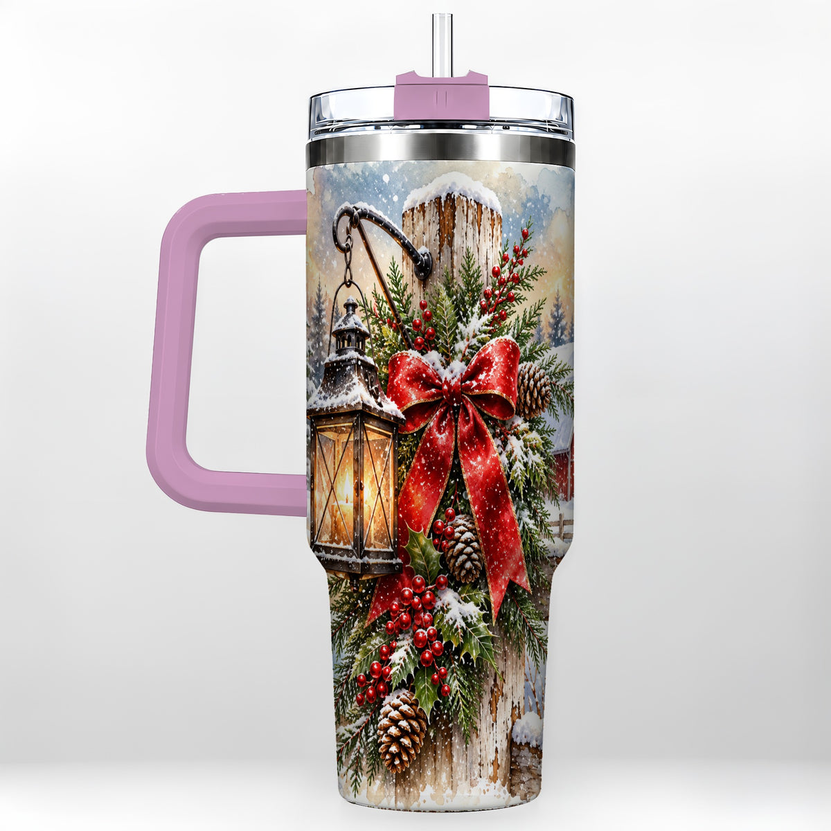#pl[40oz|Pink] Christmas Lantern 40oz Tumbler with Handle, Winter Steel Travel Cup