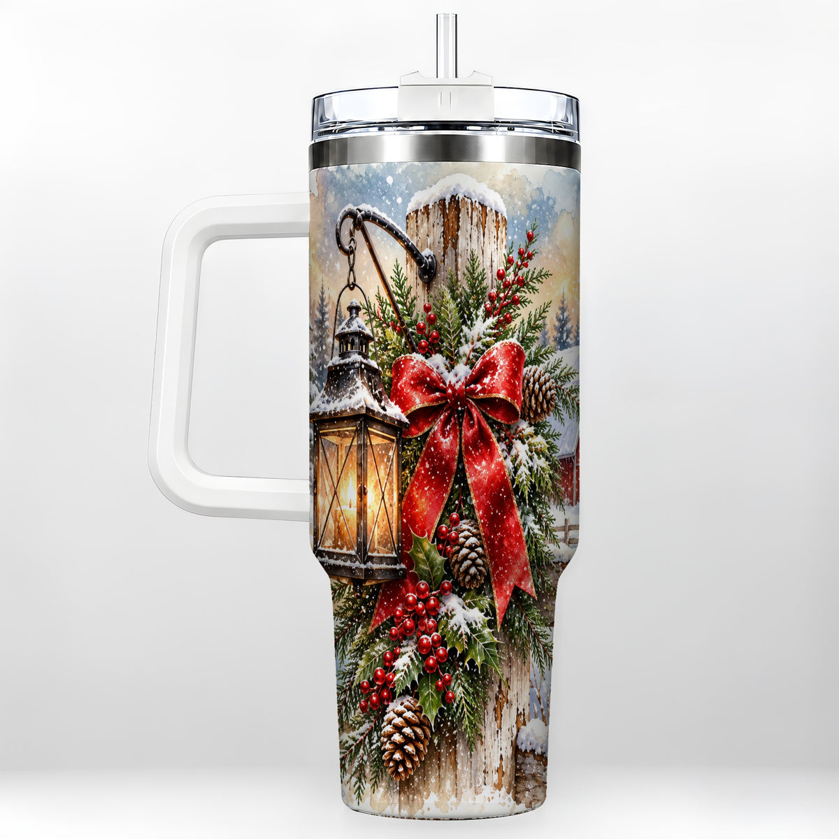 Christmas Lantern 40oz Tumbler with Handle, Winter Steel Travel Cup