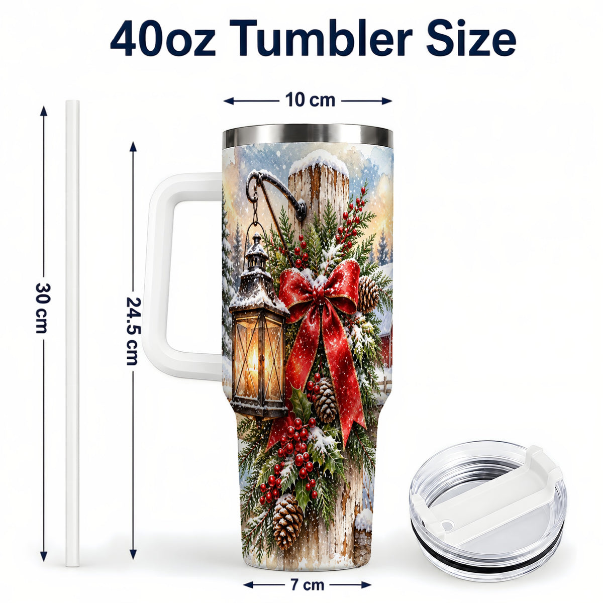 #pl[40oz|White] Christmas Lantern 40oz Tumbler with Handle, Winter Steel Travel Cup