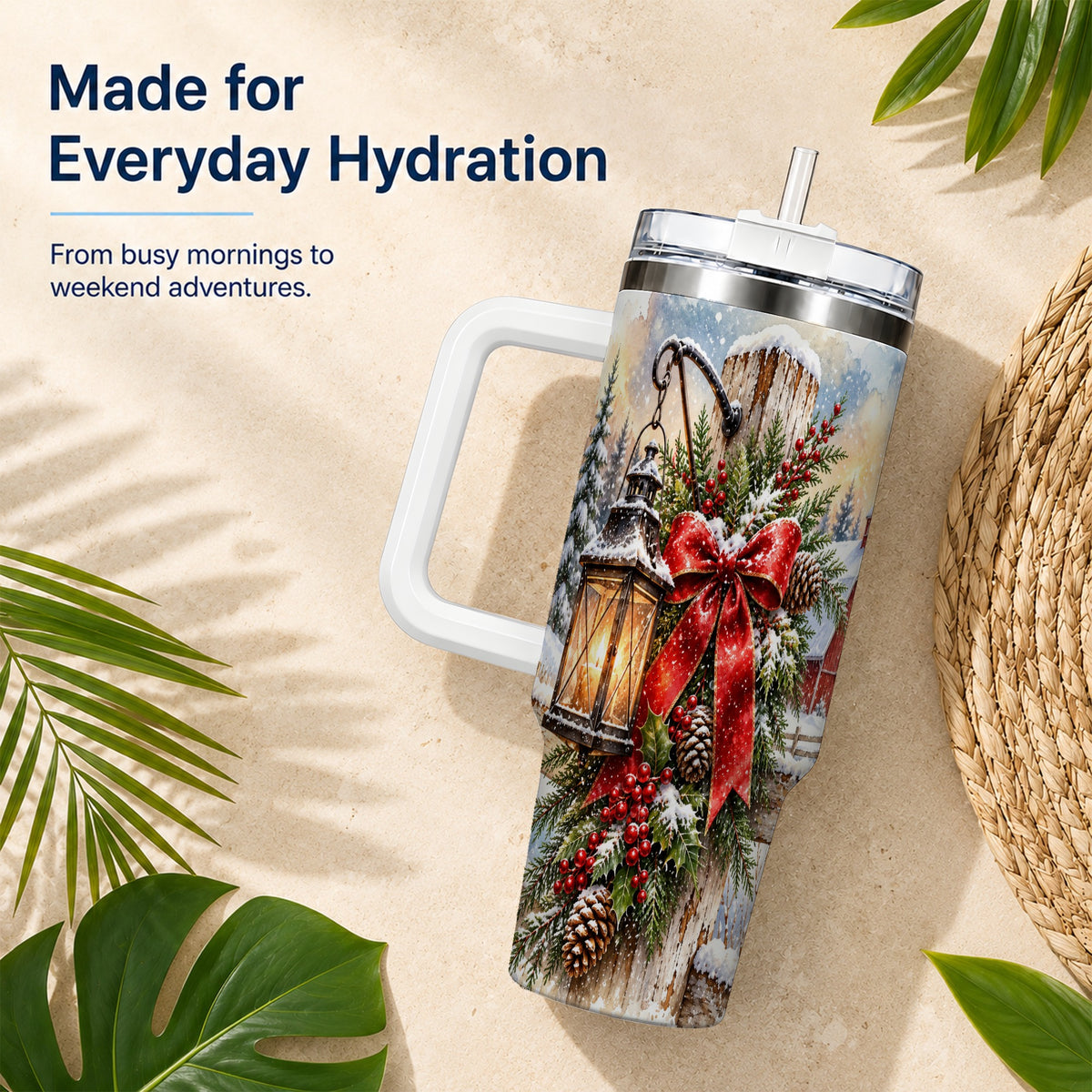 Christmas Lantern 40oz Tumbler with Handle, Winter Steel Travel Cup