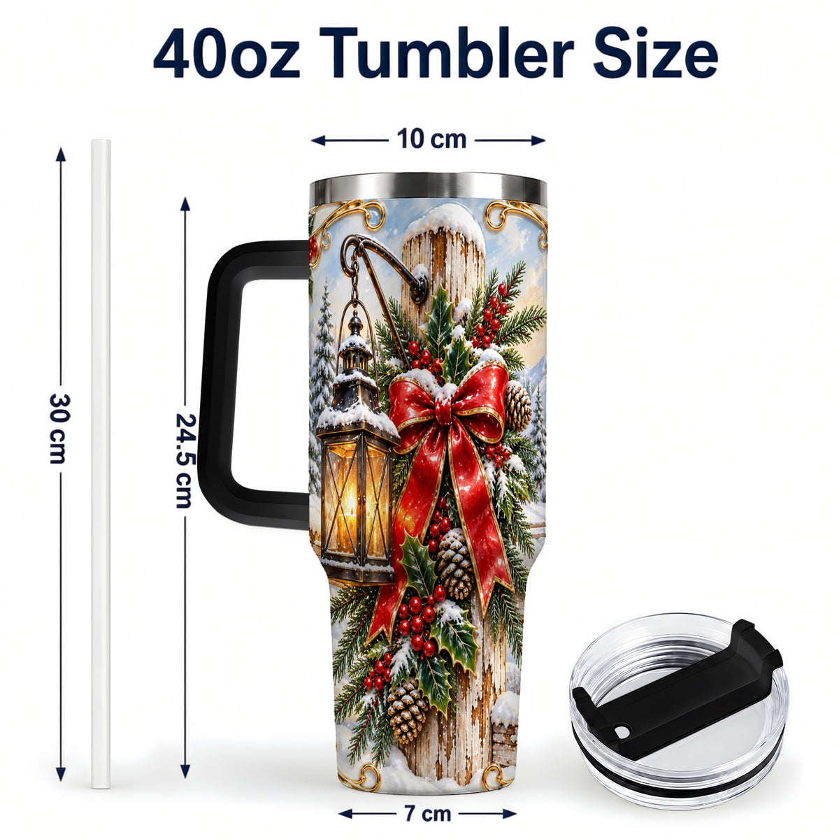#pl[40oz|Black] Christmas Lantern 40oz Tumbler with Handle, Ornate Steel Travel Cup