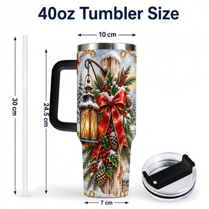 #pl[40oz|Black] Christmas Lantern 40oz Tumbler with Handle, Ornate Steel Travel Cup