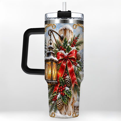 #pl[40oz|Black] Christmas Lantern 40oz Tumbler with Handle, Ornate Steel Travel Cup