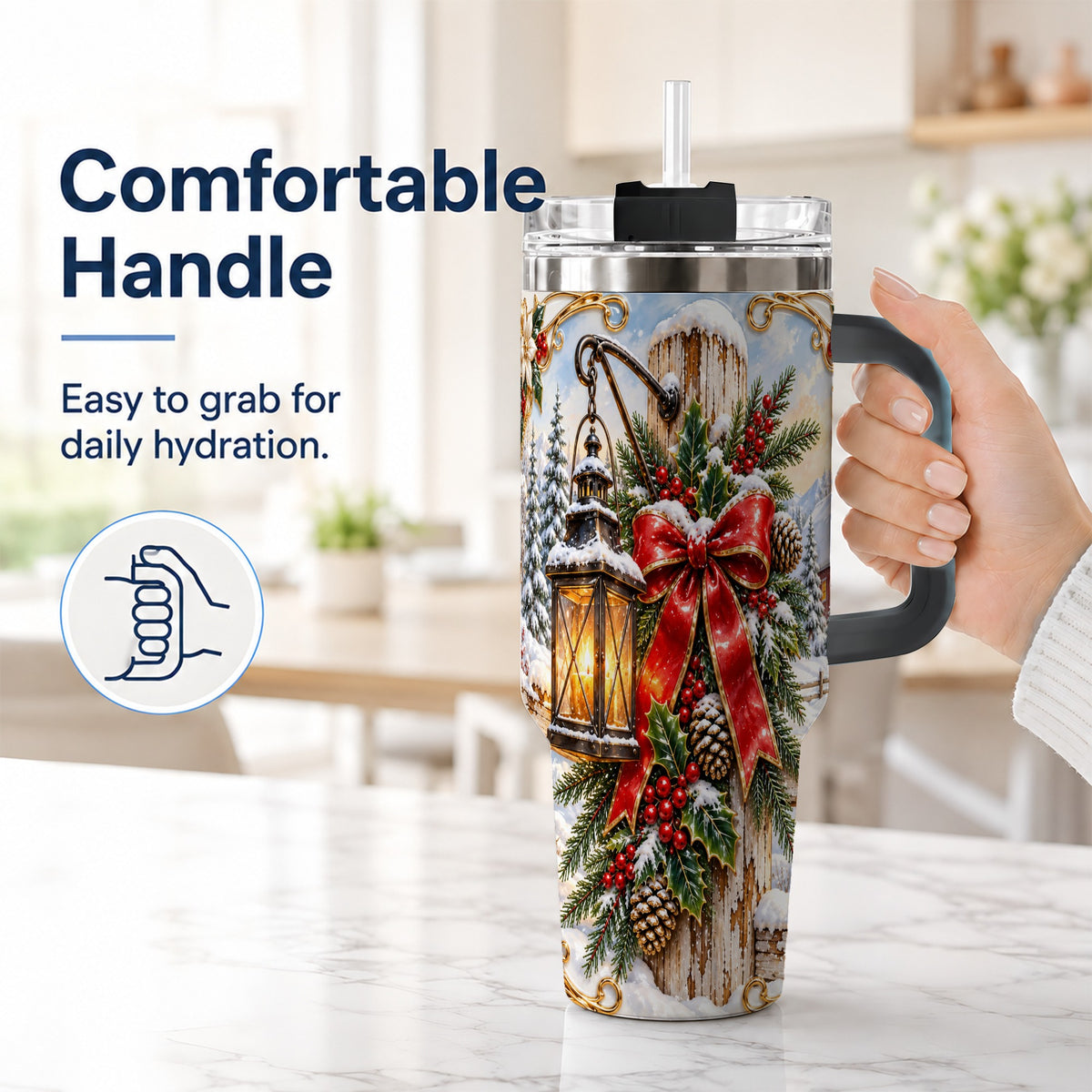 #pl[40oz|Black] Christmas Lantern 40oz Tumbler with Handle, Ornate Steel Travel Cup