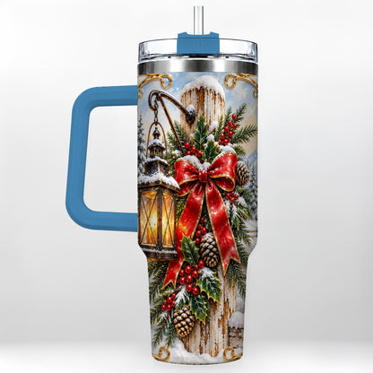 #pl[40oz|Blue] Christmas Lantern 40oz Tumbler with Handle, Ornate Steel Travel Cup