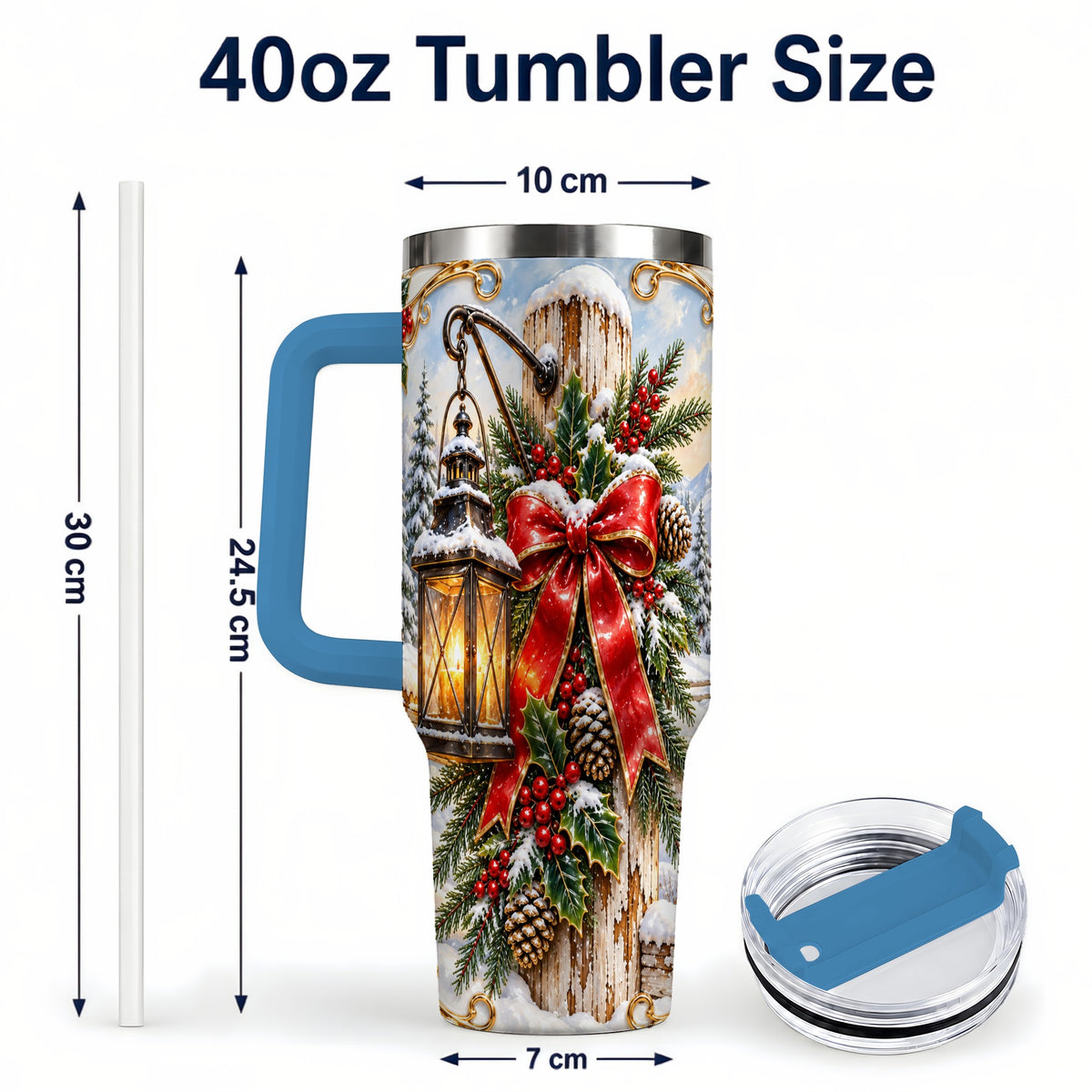 #pl[40oz|Blue] Christmas Lantern 40oz Tumbler with Handle, Ornate Steel Travel Cup