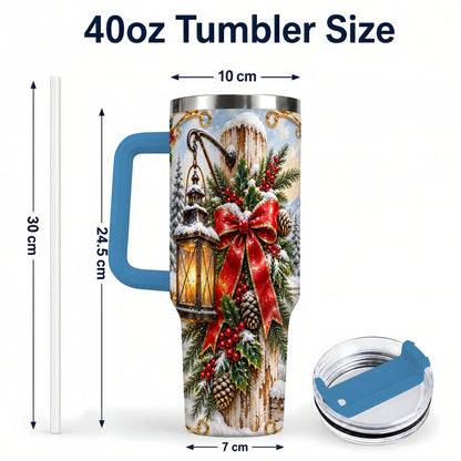 #pl[40oz|Blue] Christmas Lantern 40oz Tumbler with Handle, Ornate Steel Travel Cup