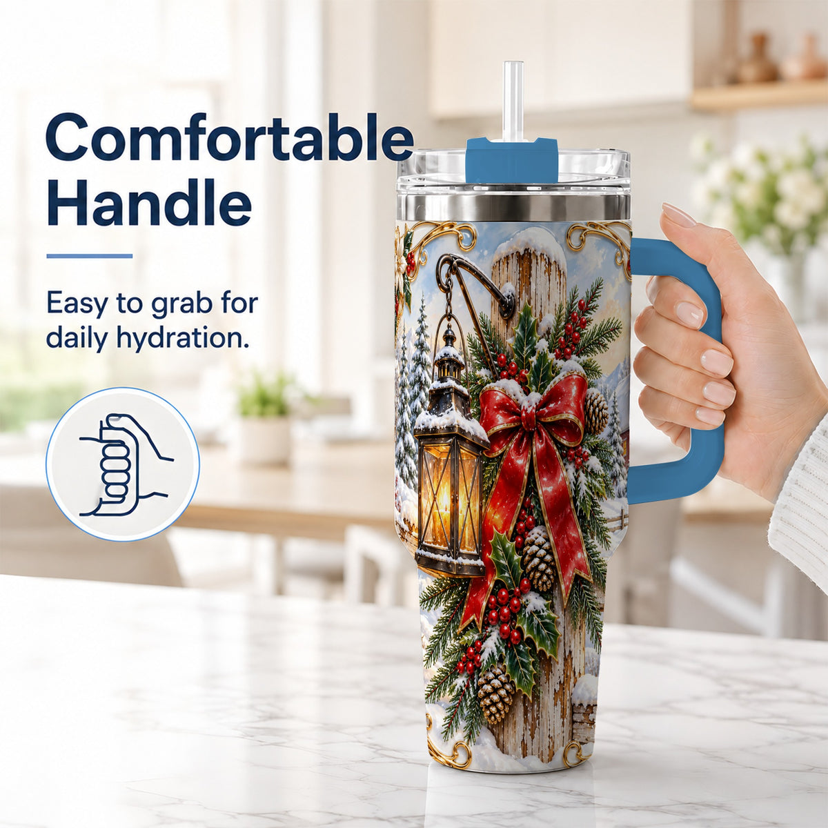 #pl[40oz|Blue] Christmas Lantern 40oz Tumbler with Handle, Ornate Steel Travel Cup