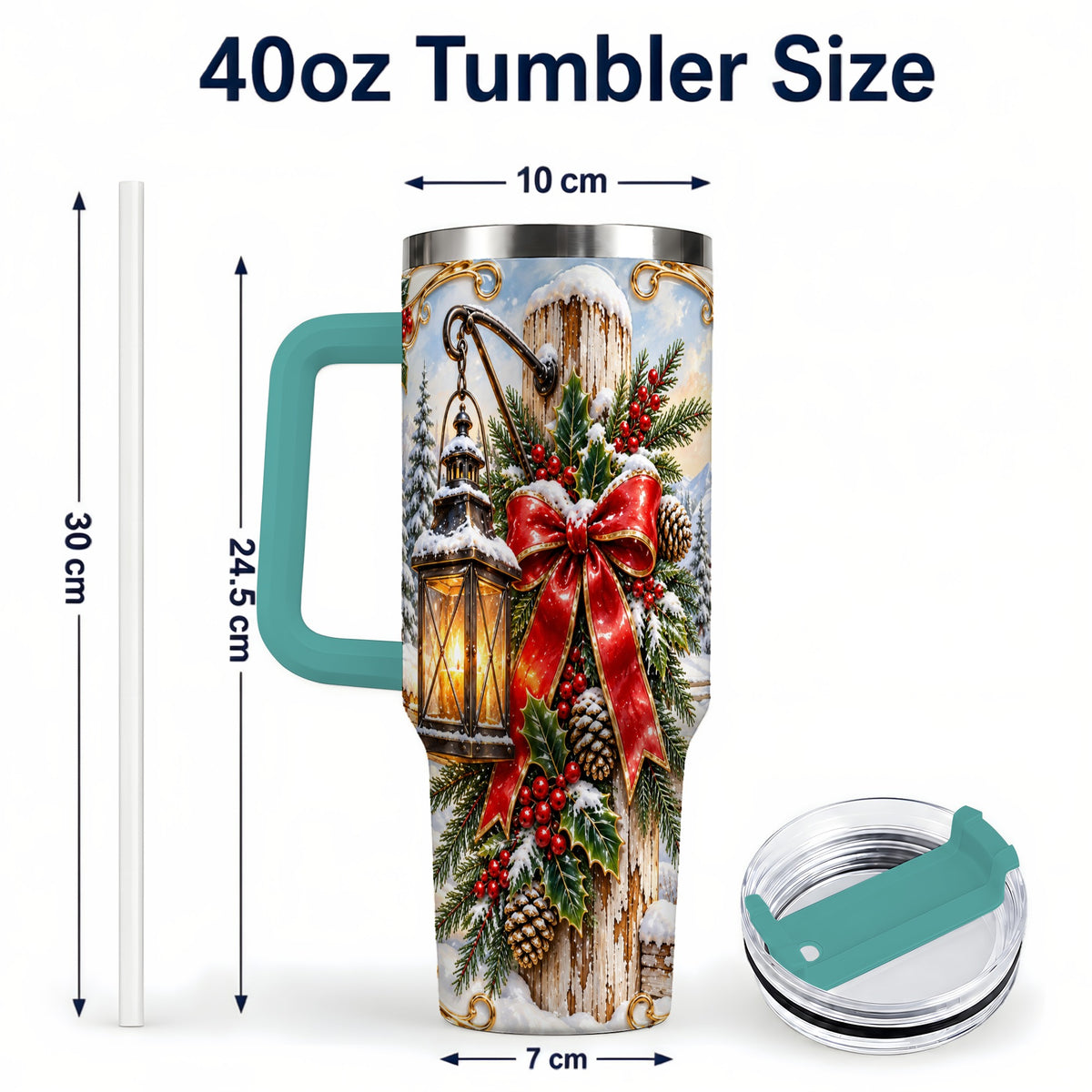 #pl[40oz|Green] Christmas Lantern 40oz Tumbler with Handle, Ornate Steel Travel Cup