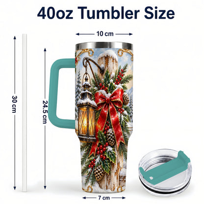 #pl[40oz|Green] Christmas Lantern 40oz Tumbler with Handle, Ornate Steel Travel Cup
