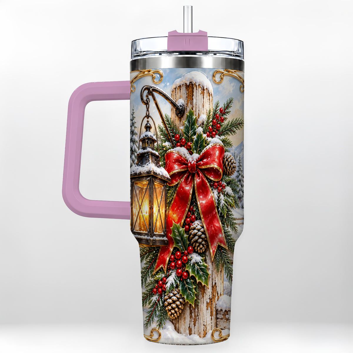 #pl[40oz|Pink] Christmas Lantern 40oz Tumbler with Handle, Ornate Steel Travel Cup