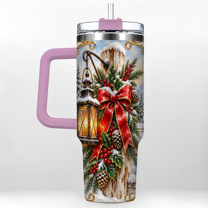 #pl[40oz|Pink] Christmas Lantern 40oz Tumbler with Handle, Ornate Steel Travel Cup