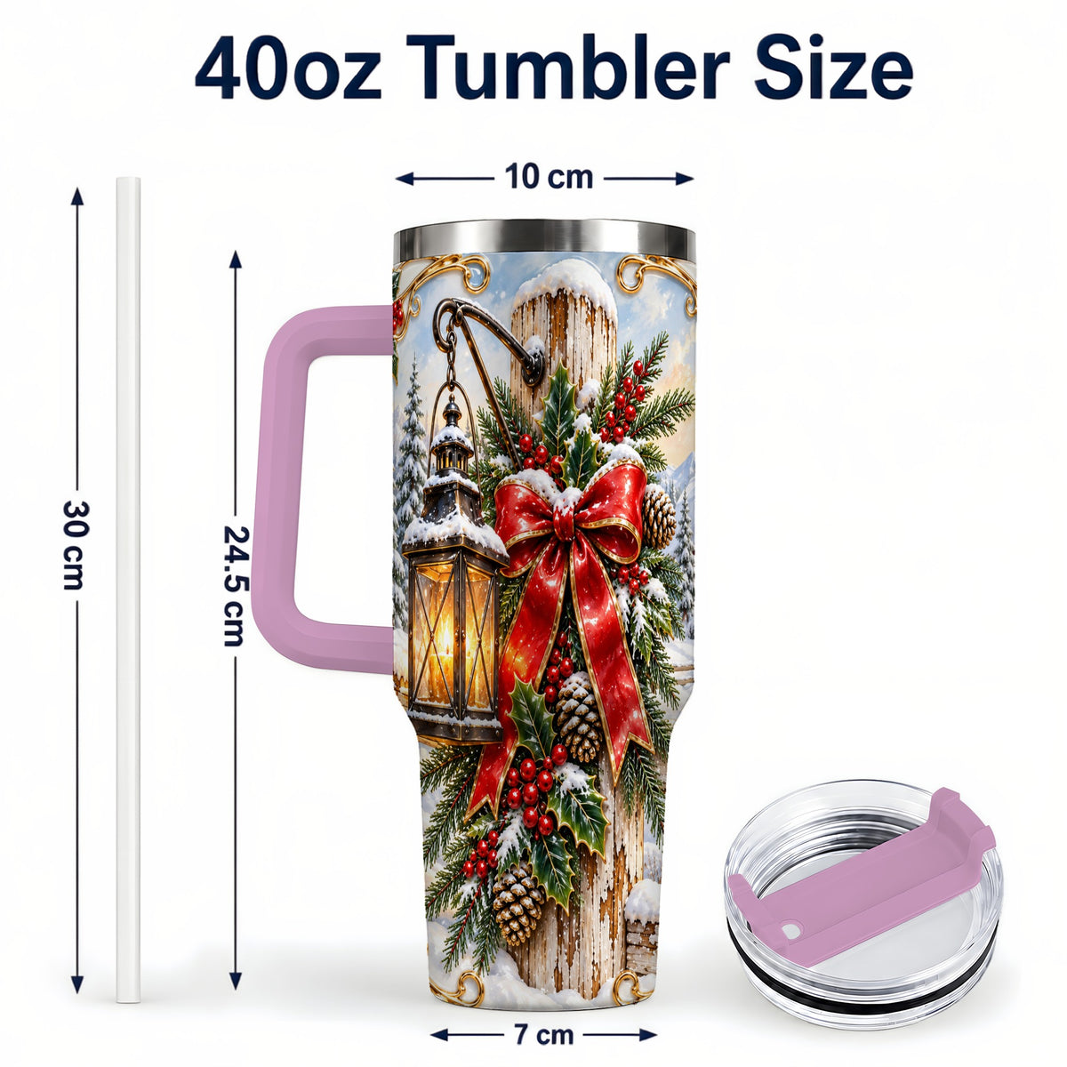 #pl[40oz|Pink] Christmas Lantern 40oz Tumbler with Handle, Ornate Steel Travel Cup