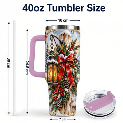 #pl[40oz|Pink] Christmas Lantern 40oz Tumbler with Handle, Ornate Steel Travel Cup