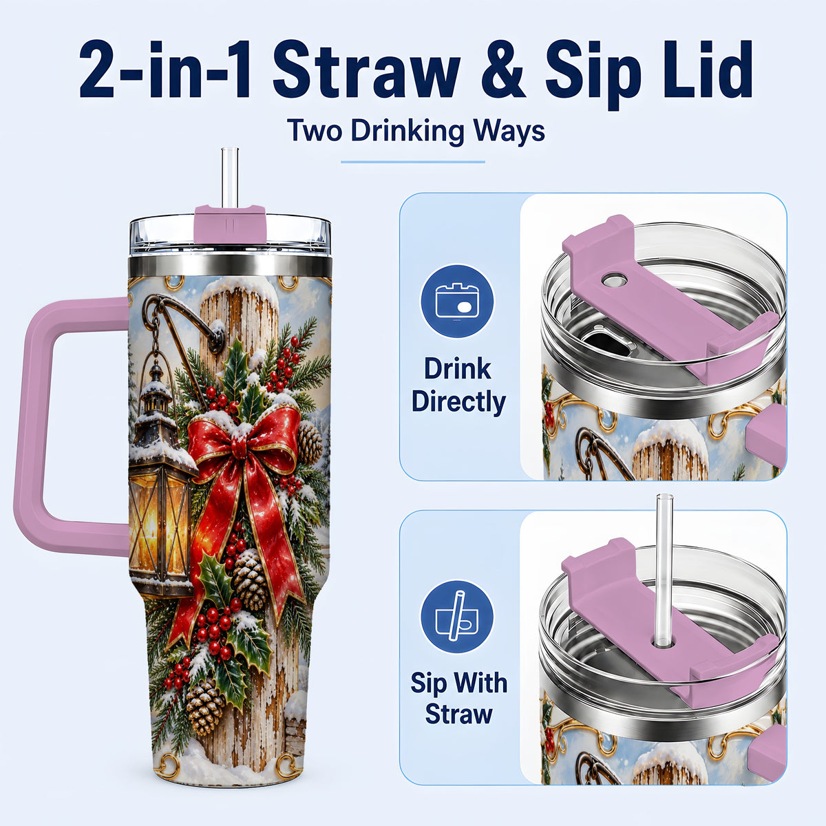 #pl[40oz|Pink] Christmas Lantern 40oz Tumbler with Handle, Ornate Steel Travel Cup