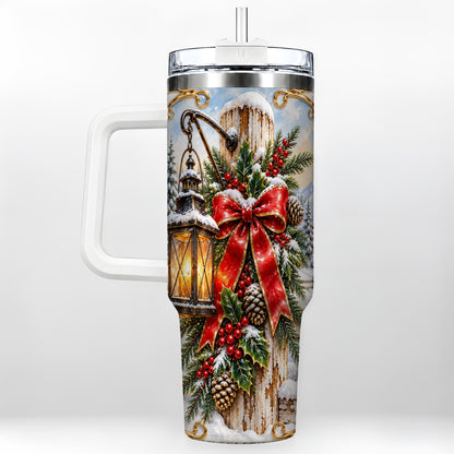 Christmas Lantern 40oz Tumbler with Handle, Ornate Steel Travel Cup