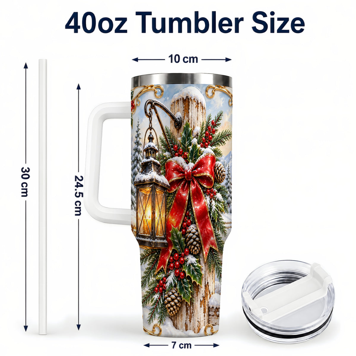 #pl[40oz|White] Christmas Lantern 40oz Tumbler with Handle, Ornate Steel Travel Cup