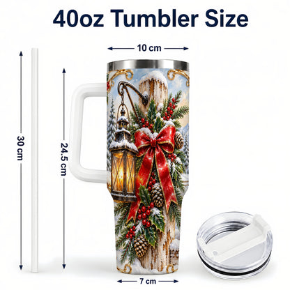 #pl[40oz|White] Christmas Lantern 40oz Tumbler with Handle, Ornate Steel Travel Cup