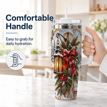 #pl[40oz|White] Christmas Lantern 40oz Tumbler with Handle, Ornate Steel Travel Cup