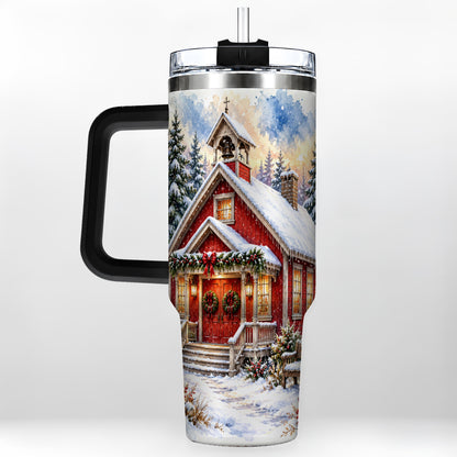 #pl[40oz|Black] Snowy Red Chapel 40oz Tumbler with Handle, Winter Steel Travel Cup