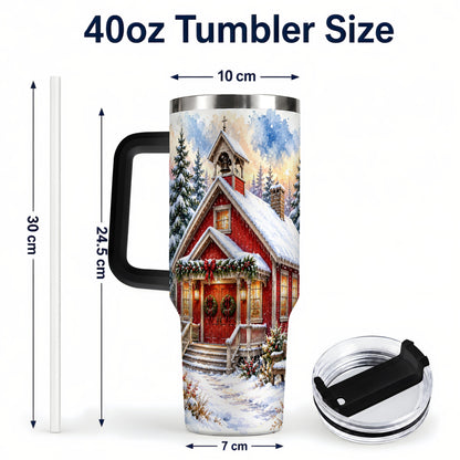 #pl[40oz|Black] Snowy Red Chapel 40oz Tumbler with Handle, Winter Steel Travel Cup