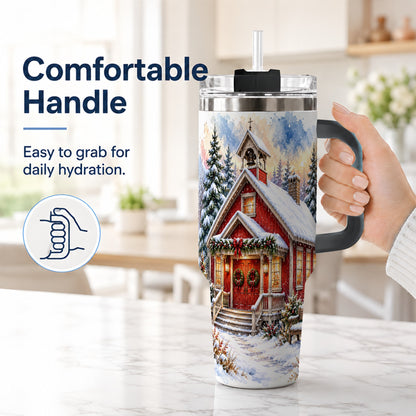 #pl[40oz|Black] Snowy Red Chapel 40oz Tumbler with Handle, Winter Steel Travel Cup