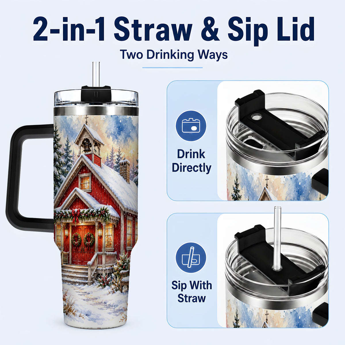 #pl[40oz|Black] Snowy Red Chapel 40oz Tumbler with Handle, Winter Steel Travel Cup