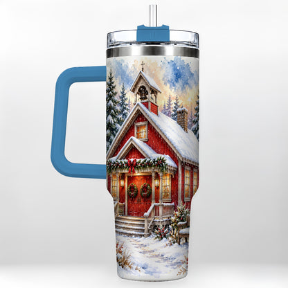 #pl[40oz|Blue] Snowy Red Chapel 40oz Tumbler with Handle, Winter Steel Travel Cup