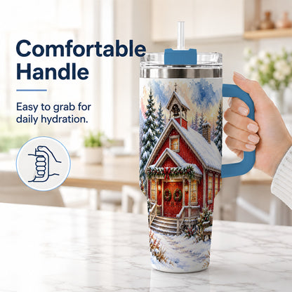 #pl[40oz|Blue] Snowy Red Chapel 40oz Tumbler with Handle, Winter Steel Travel Cup