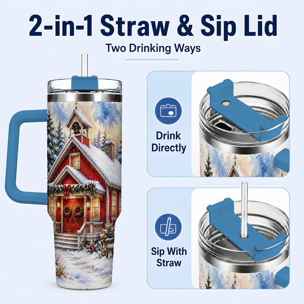 #pl[40oz|Blue] Snowy Red Chapel 40oz Tumbler with Handle, Winter Steel Travel Cup