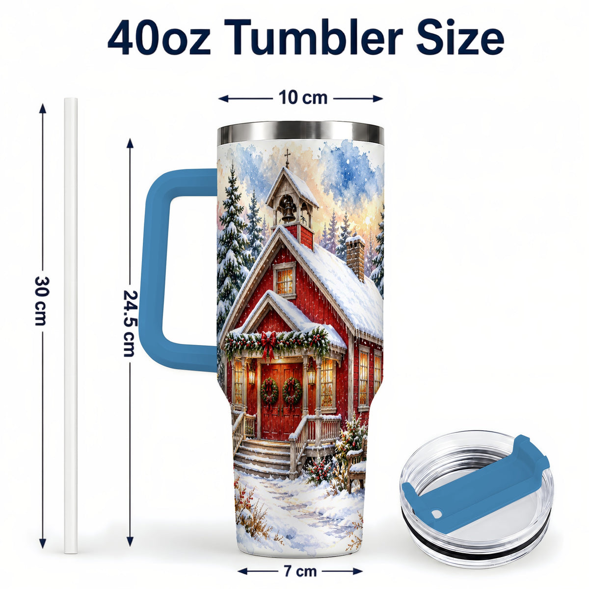 #pl[40oz|Blue] Snowy Red Chapel 40oz Tumbler with Handle, Winter Steel Travel Cup