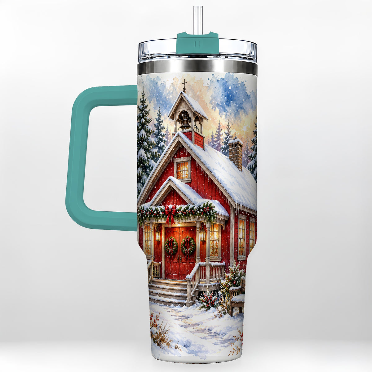 #pl[40oz|Green] Snowy Red Chapel 40oz Tumbler with Handle, Winter Steel Travel Cup