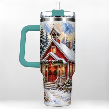 #pl[40oz|Green] Snowy Red Chapel 40oz Tumbler with Handle, Winter Steel Travel Cup