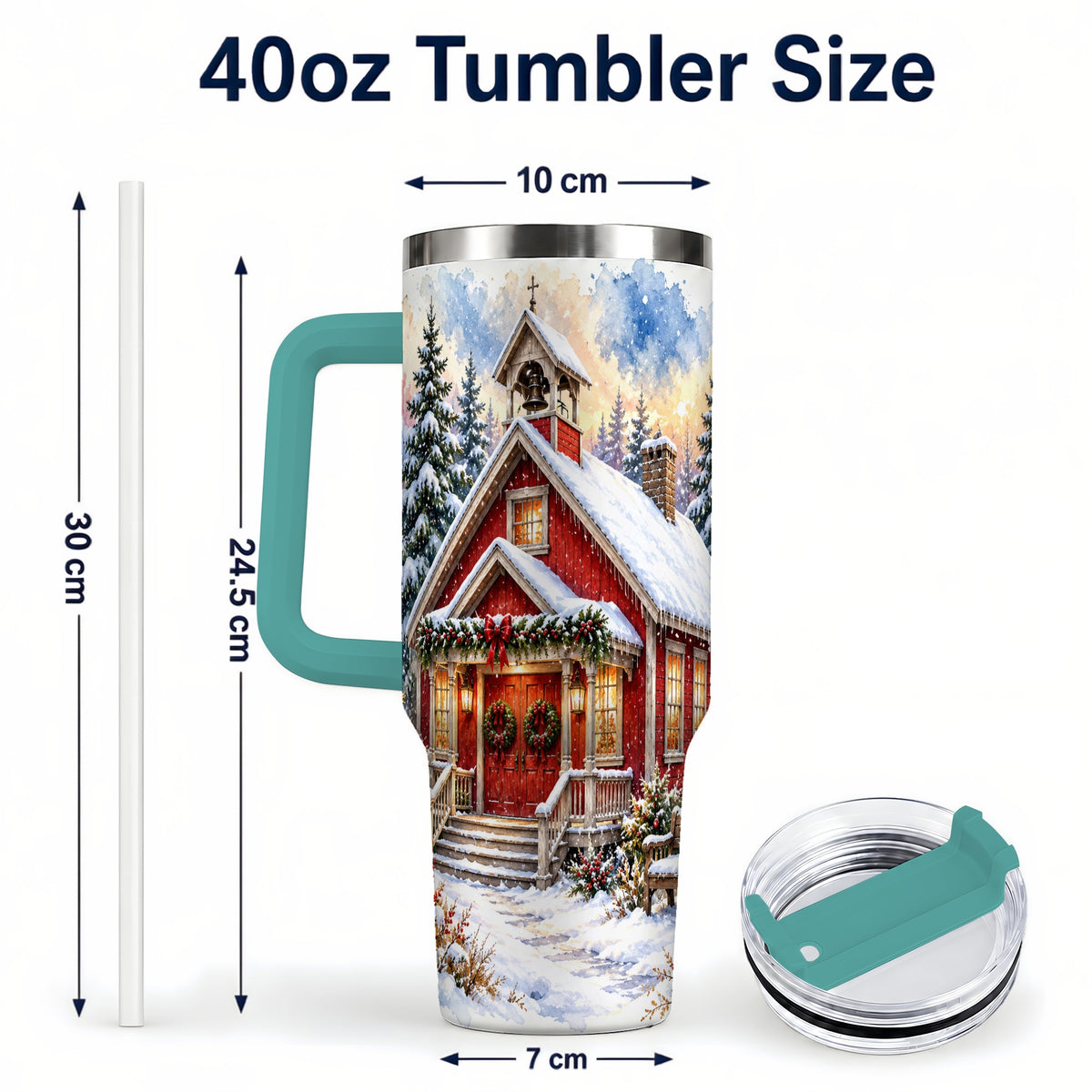 #pl[40oz|Green] Snowy Red Chapel 40oz Tumbler with Handle, Winter Steel Travel Cup