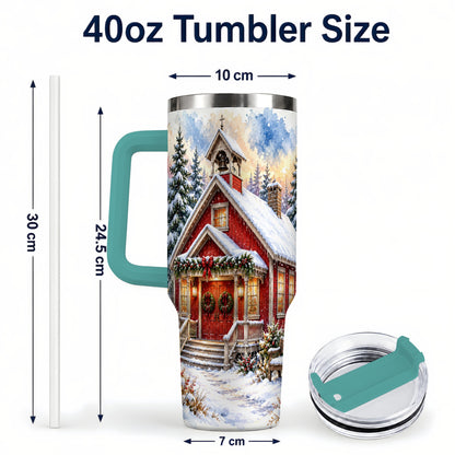 #pl[40oz|Green] Snowy Red Chapel 40oz Tumbler with Handle, Winter Steel Travel Cup