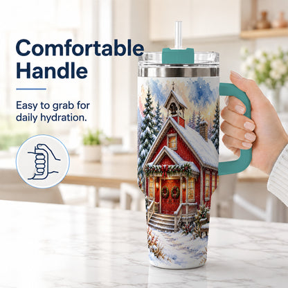 #pl[40oz|Green] Snowy Red Chapel 40oz Tumbler with Handle, Winter Steel Travel Cup
