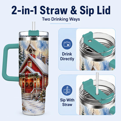 #pl[40oz|Green] Snowy Red Chapel 40oz Tumbler with Handle, Winter Steel Travel Cup