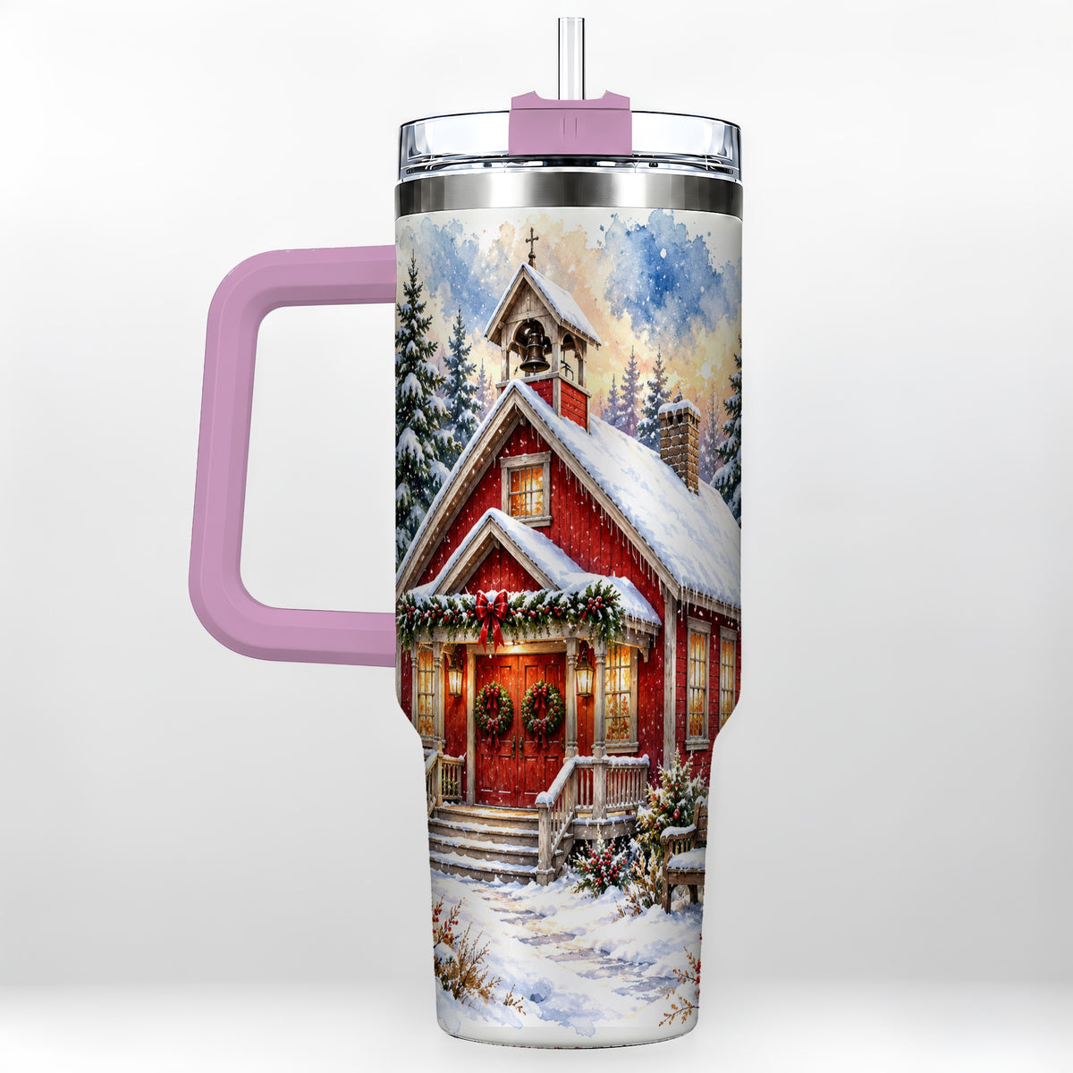 #pl[40oz|Pink] Snowy Red Chapel 40oz Tumbler with Handle, Winter Steel Travel Cup