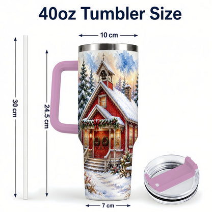 #pl[40oz|Pink] Snowy Red Chapel 40oz Tumbler with Handle, Winter Steel Travel Cup