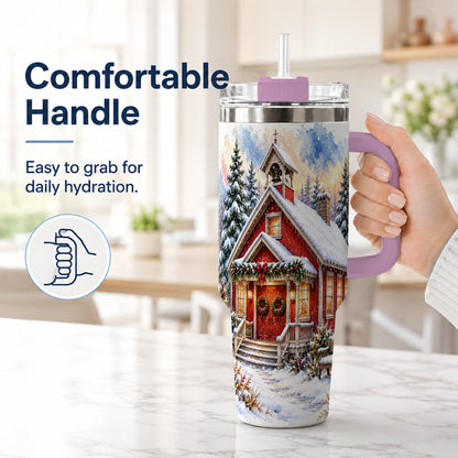 #pl[40oz|Pink] Snowy Red Chapel 40oz Tumbler with Handle, Winter Steel Travel Cup