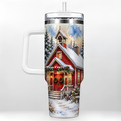 Snowy Red Chapel 40oz Tumbler with Handle, Winter Steel Travel Cup