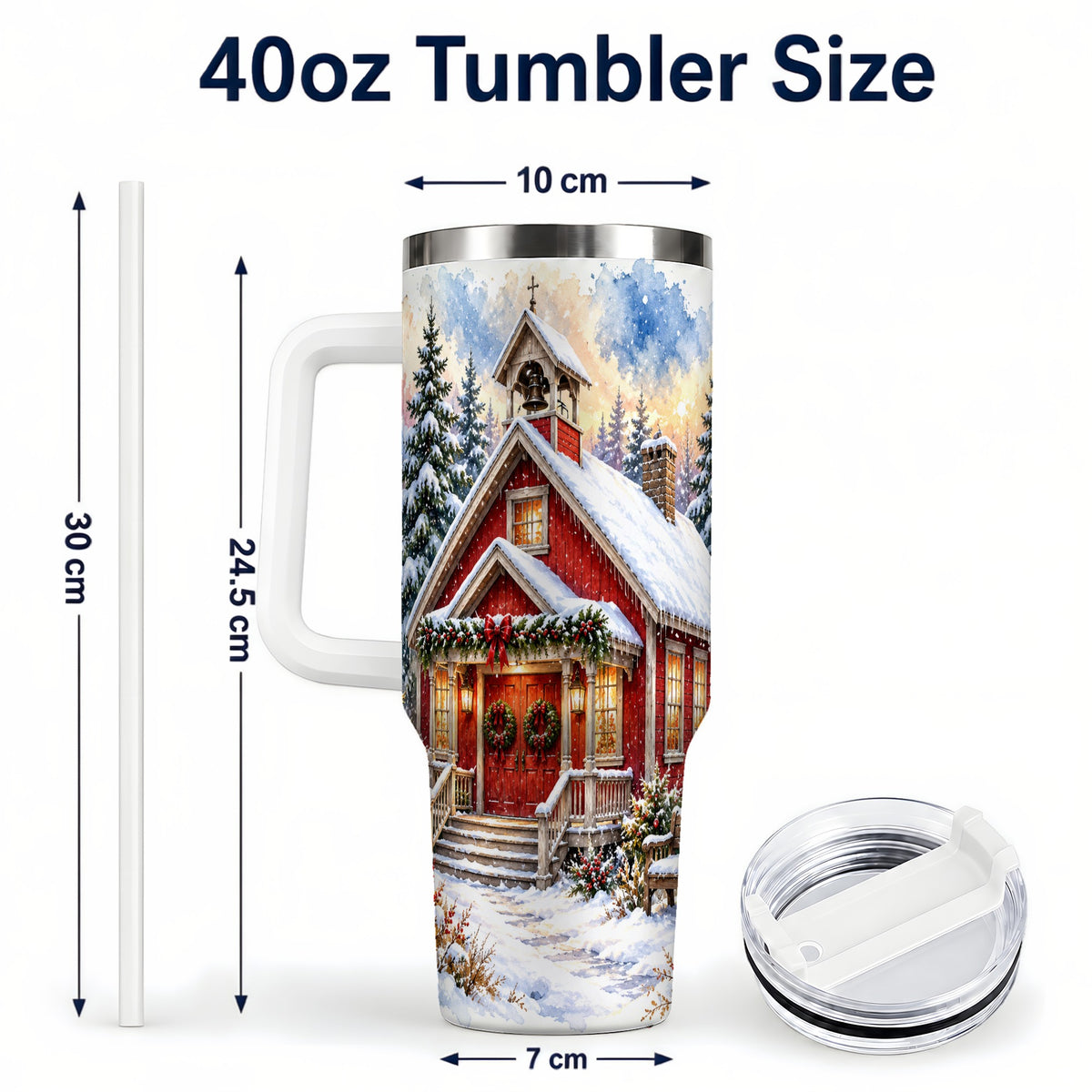#pl[40oz|White] Snowy Red Chapel 40oz Tumbler with Handle, Winter Steel Travel Cup